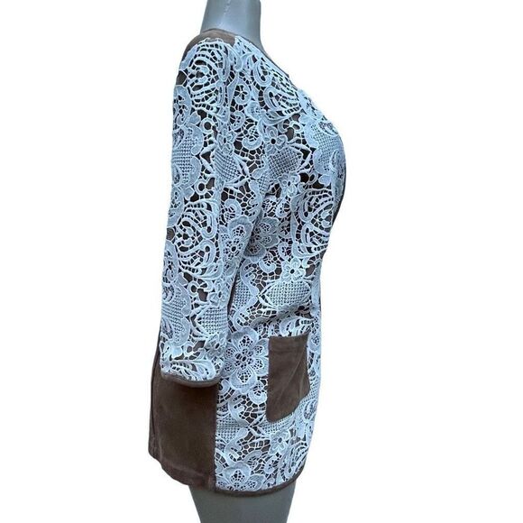 New Chico's Blazer Women's Size 0 (S) Brown & Cream Lace Open Front Suit Jacket - Picture 3 of 11